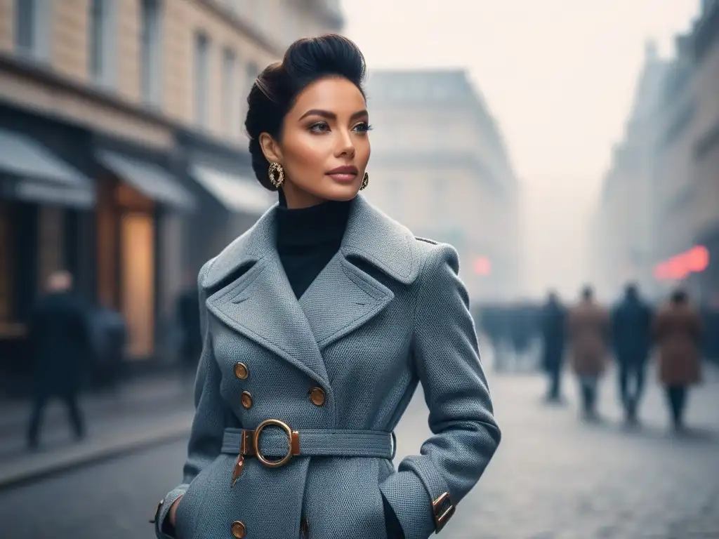 Estilo y sofisticación: mujer petite con abrigo a medida en la ciudad Una mujer elegante llevando un abrigo perfecto para cuerpo petite, accesorios a la moda, en una calle de la ciudad