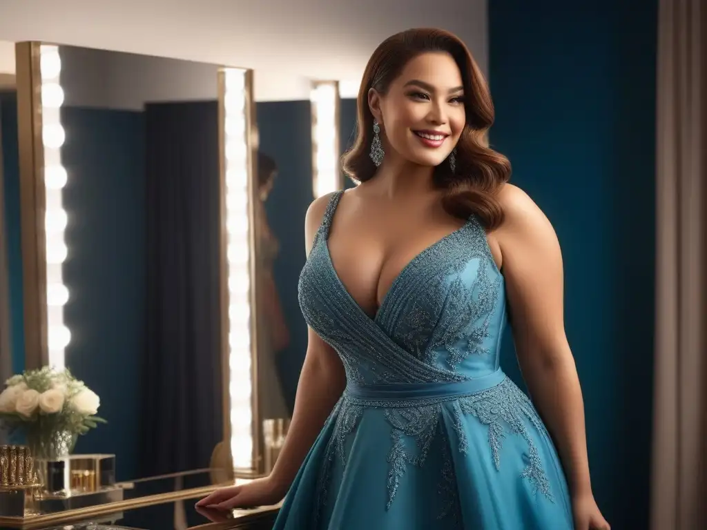 Mujer plus size deslumbrante ajustando accesorios en espejo Una mujer plus size elegante ajustando accesorios en espejo, con vestido glamuroso