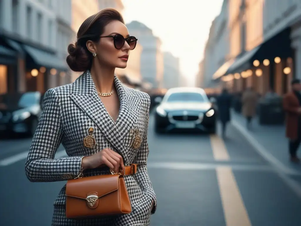 Mujer elegante con accesorios de lujo en la ciudad Una mujer elegante con accesorios de lujo camina segura por una calle lujosa