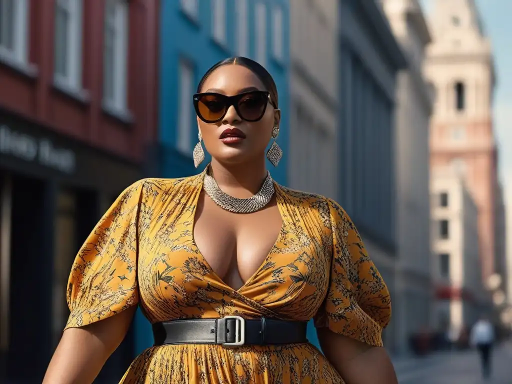 Mujer plus size con estilo y confianza en la ciudad Una mujer plus size elegante combinando accesorios en un vibrante vestido maxi, irradiando confianza y estilo en la ciudad
