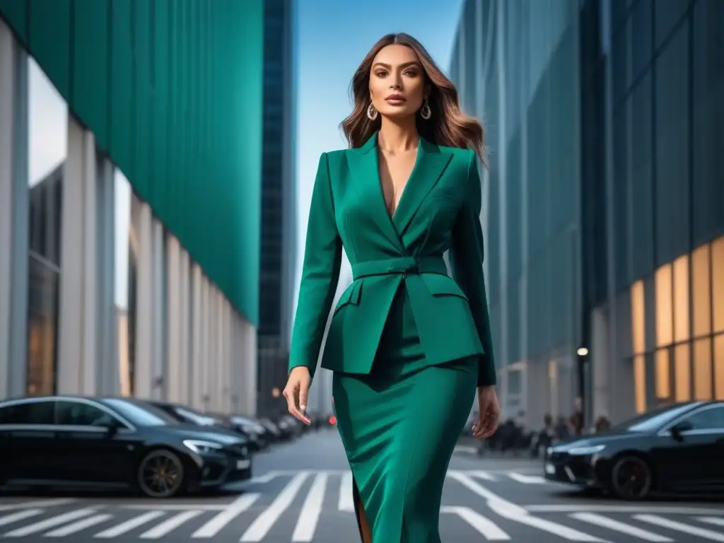 Elegante mujer en verde esmeralda, radiando confianza Una mujer elegante y alta caminando con confianza por la ciudad, vistiendo un conjunto en tonos verdes profundos que realzan su estatura