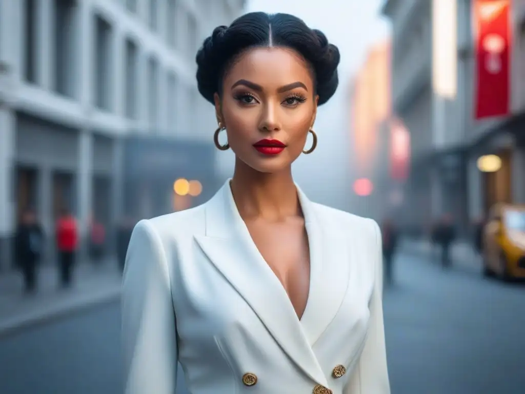 Elegante mujer alta luciendo confianza en outfit moderno Una mujer elegante y alta luce un conjunto moderno en un entorno urbano, transmitiendo confianza y sofisticación