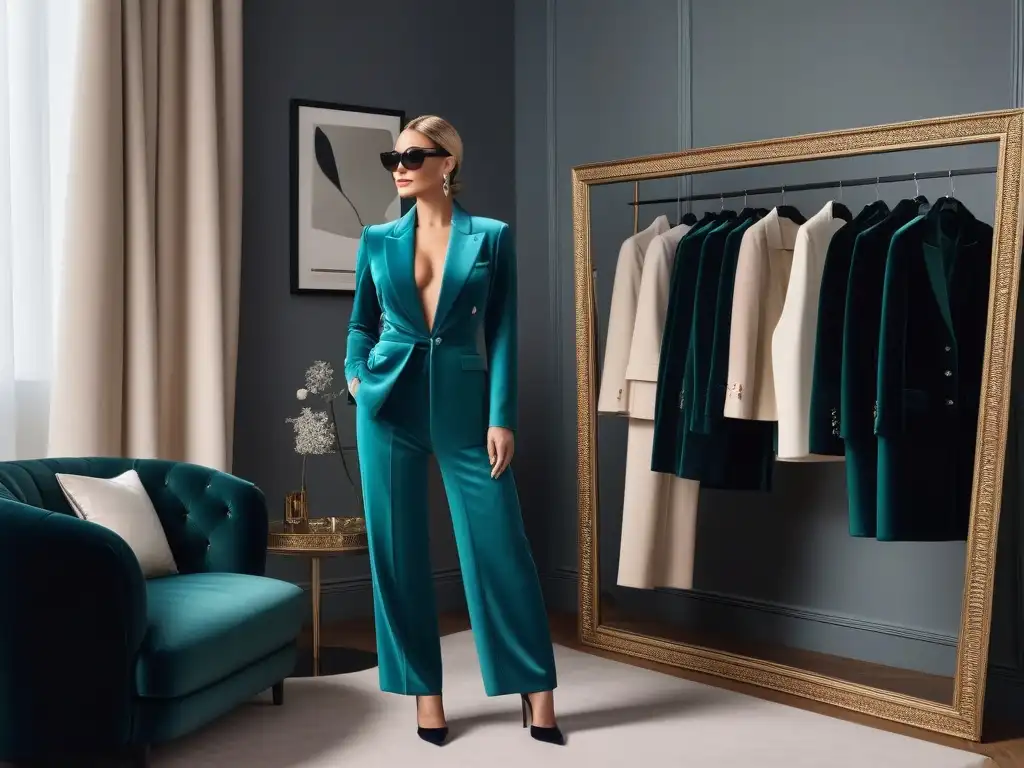 Estilo y elegancia: mujer sofisticada en traje monocromático Una mujer elegante y alta frente al espejo, luciendo un chic traje monocromático