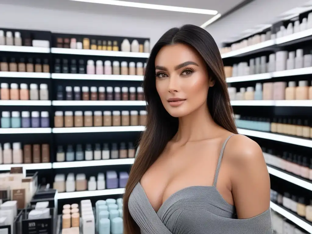 Secretos de belleza para mujeres altas: elegancia y confianza en una tienda de lujo Una mujer elegante y alta, en una tienda de belleza moderna, rodeada de productos lujosos