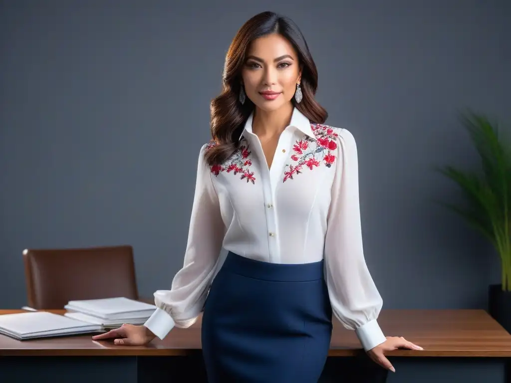 Blusa elegante con detalles bordados para mujer moderna Una mujer elegante en una blusa petite con detalles de bordado, luciendo profesional en una oficina chic