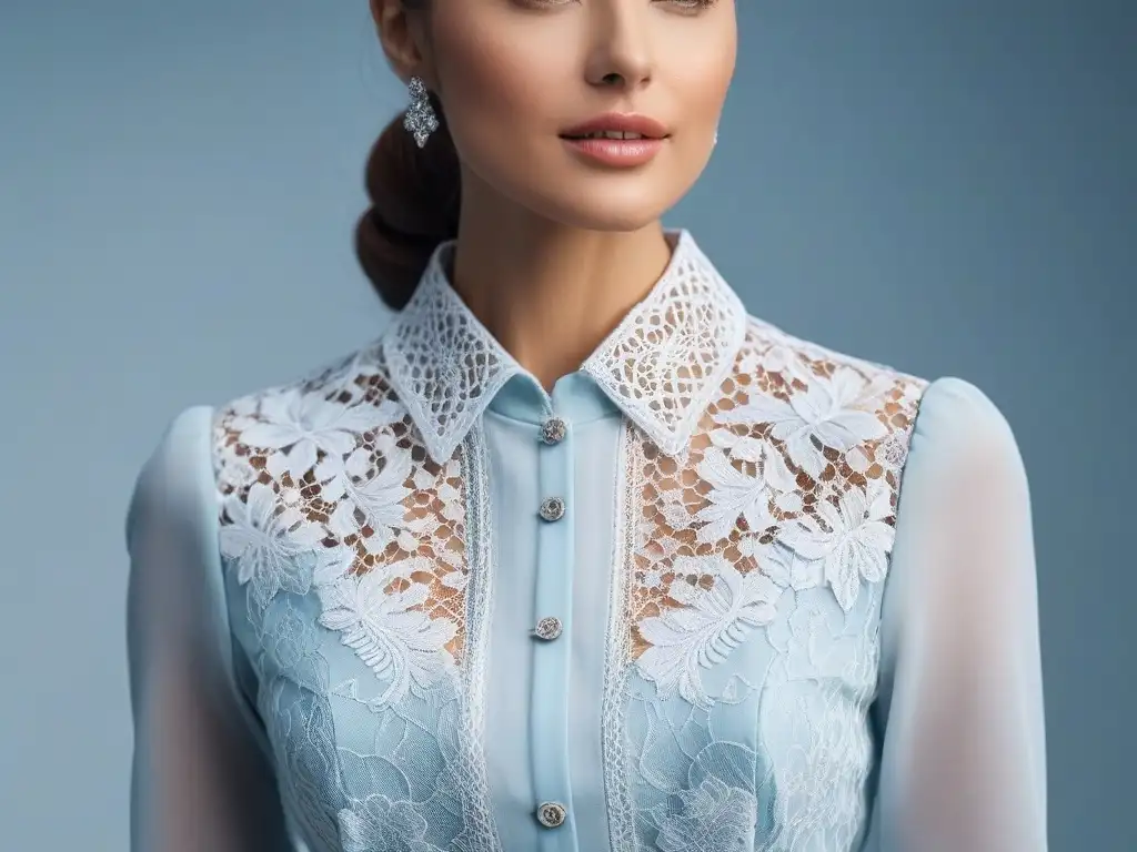 Blusa moderna con encaje: sofisticación y estilo en moda petite Una mujer elegante viste una blusa petite con encaje detallado, destacando su estilo y sofisticación