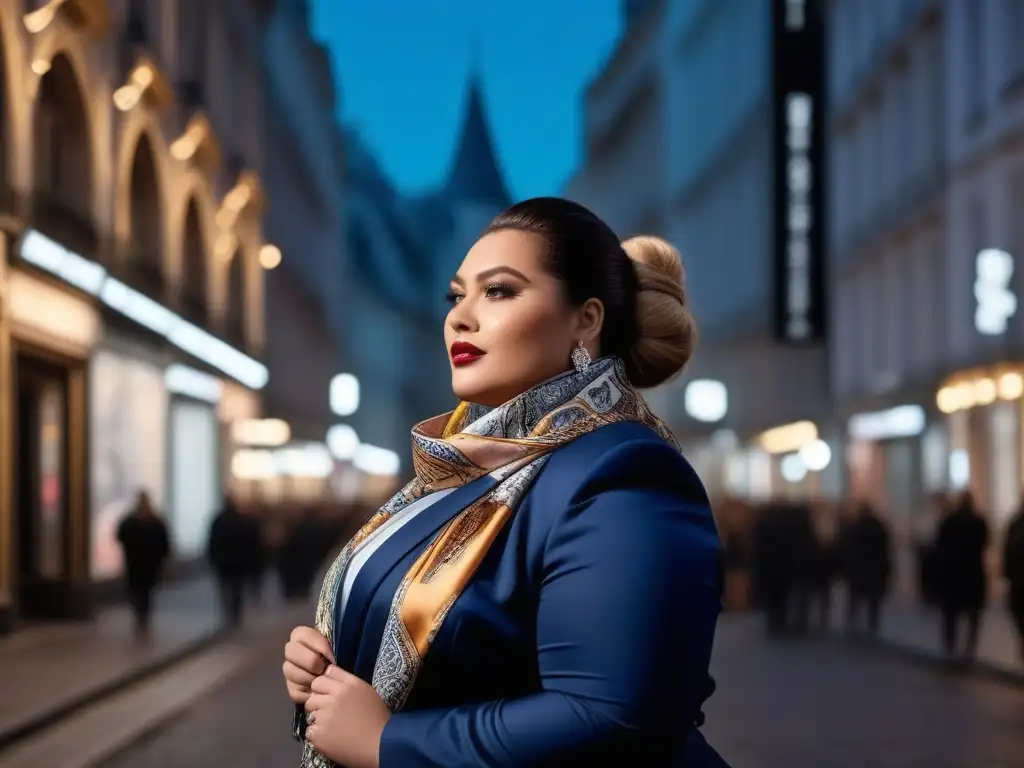 Elegante mujer plussize con pañuelo de diseñador en ciudad moderna Una mujer plus size elegante luce bufandas de diseñador, resaltando su estilo único en la ciudad