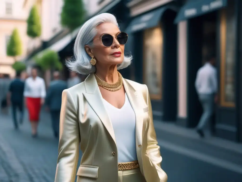 Mujer elegante paseando por la ciudad entre boutiques de moda y cafés chic Mujer senior elegante caminando por una calle urbana, combinando tendencias moda armario senior integrar
