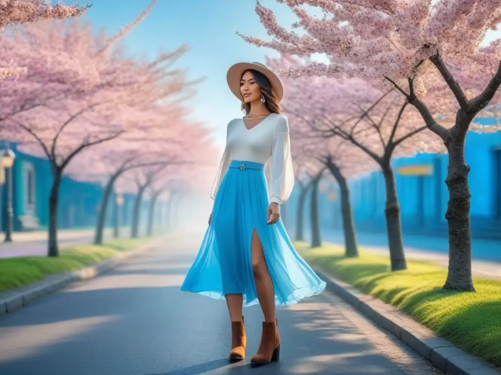 Moda primaveral: mujer chic en la ciudad bajo cerezos en flor Una mujer elegante y chic usando prendas de transición para petite en una calle primaveral llena de flores de cerezo
