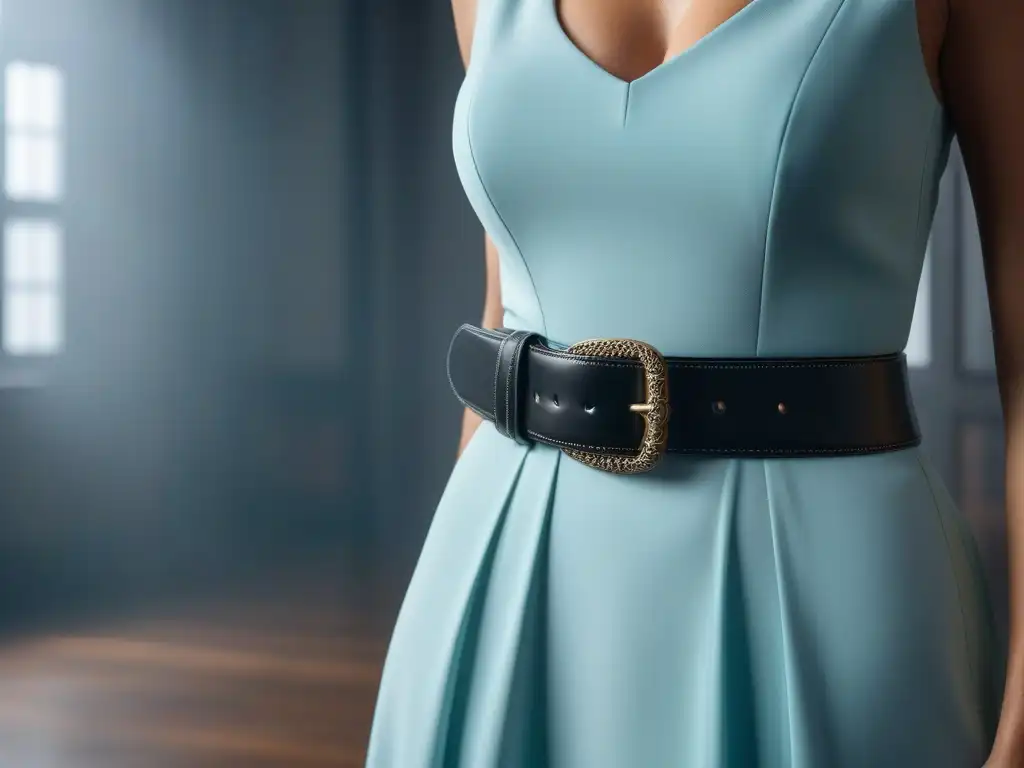 Elegante mujer ajusta cinturón en vestido de alta cintura Una mujer elegante ajustando un cinturón en un vestido de alta cintura