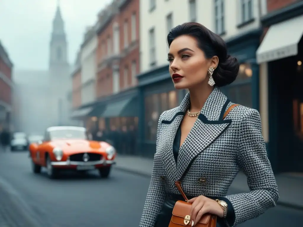 Elegante mujer urbana con estilo vintage y moderno Una mujer elegante camina por la ciudad con un look único con accesorios vintage, reflejando confianza y sofisticación