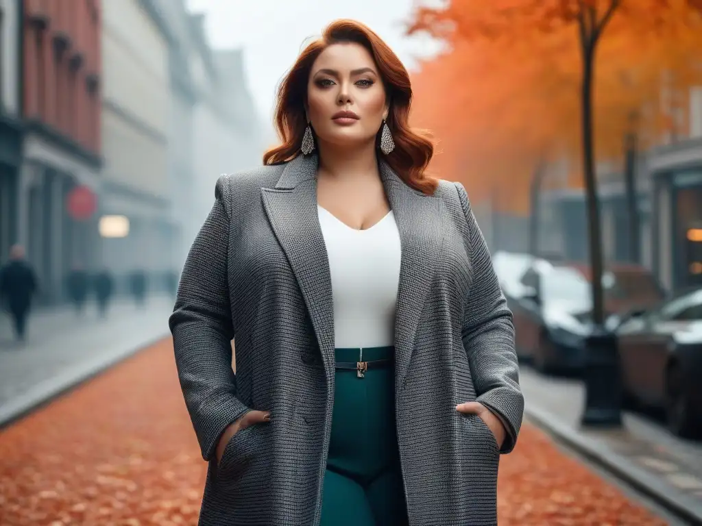 Moda plus size: mujer segura y chic pasea por la ciudad Una mujer plus size elegante camina por la ciudad luciendo prendas básicas plus size en un ambiente urbano sofisticado y otoñal