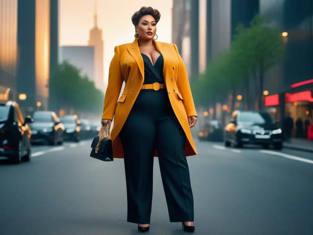Estilosa mujer de talla grande deslumbrando en la ciudad Una mujer plus size elegante camina con confianza por una bulliciosa calle de la ciudad, luciendo un sofisticado look con blazer oversized y pantalones de talle alto, en medio de modernos rascacielos y boutiques