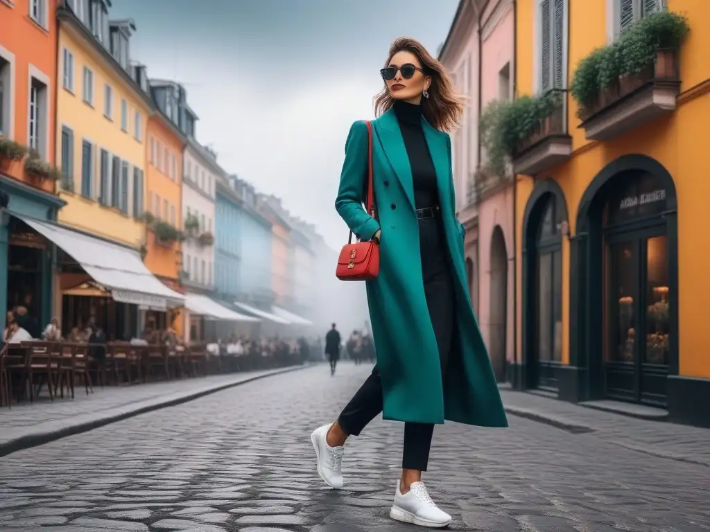 Moda urbana: mujer elegante pasea con estilo por la ciudad europea Una mujer elegante camina con confianza por una bulliciosa calle europea con zapatos cómodos para turismo moda