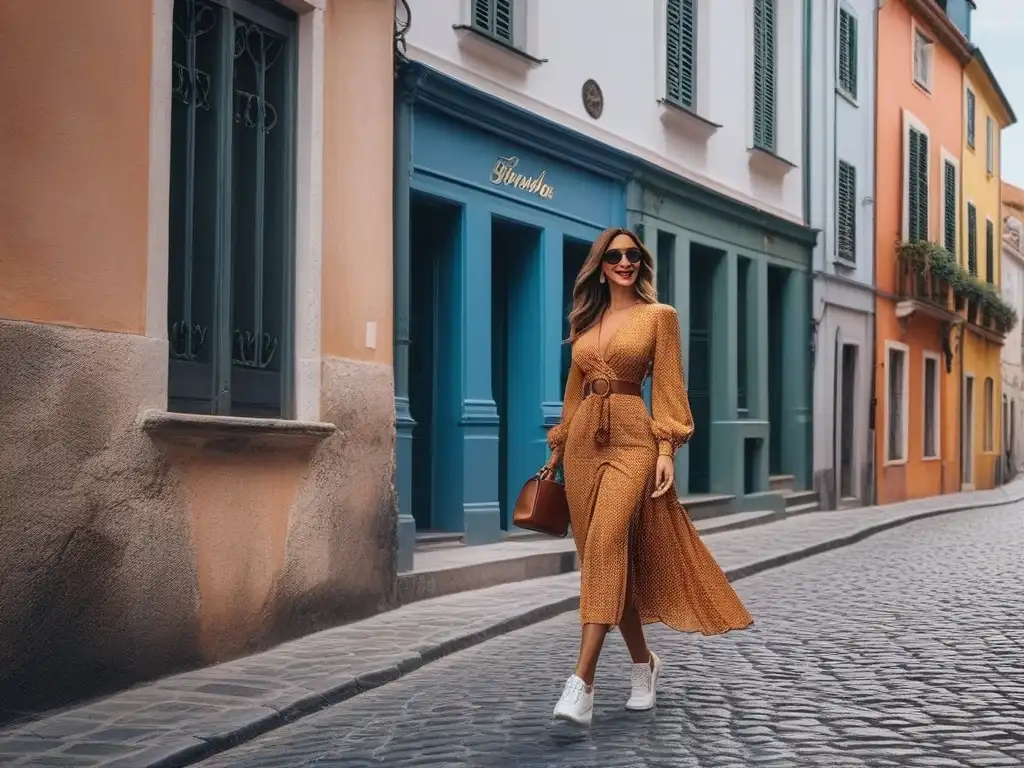 Estilo urbano en Europa: mujer chic pasea con zapatillas trendy Una mujer elegante pasea con confianza por una calle empedrada en una ciudad europea, luciendo zapatos cómodos para turismo moda