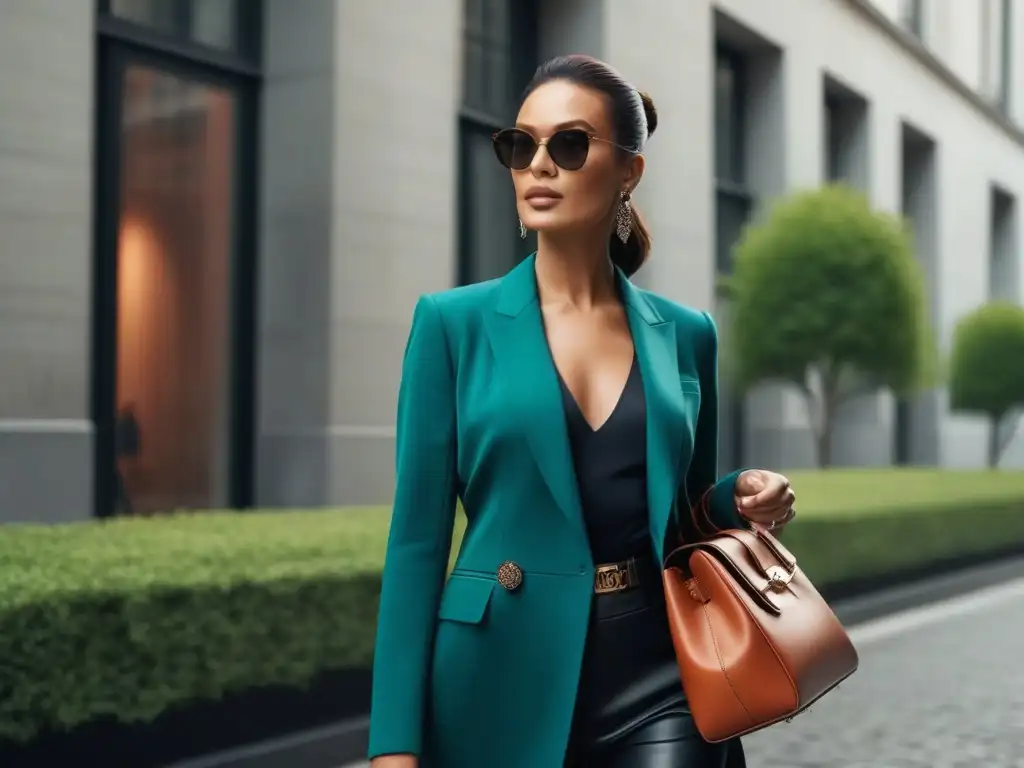 Elegancia urbana: mujer alta deslumbrante en la ciudad Una mujer elegante camina con confianza por la ciudad, luciendo un conjunto equilibrado y sofisticado