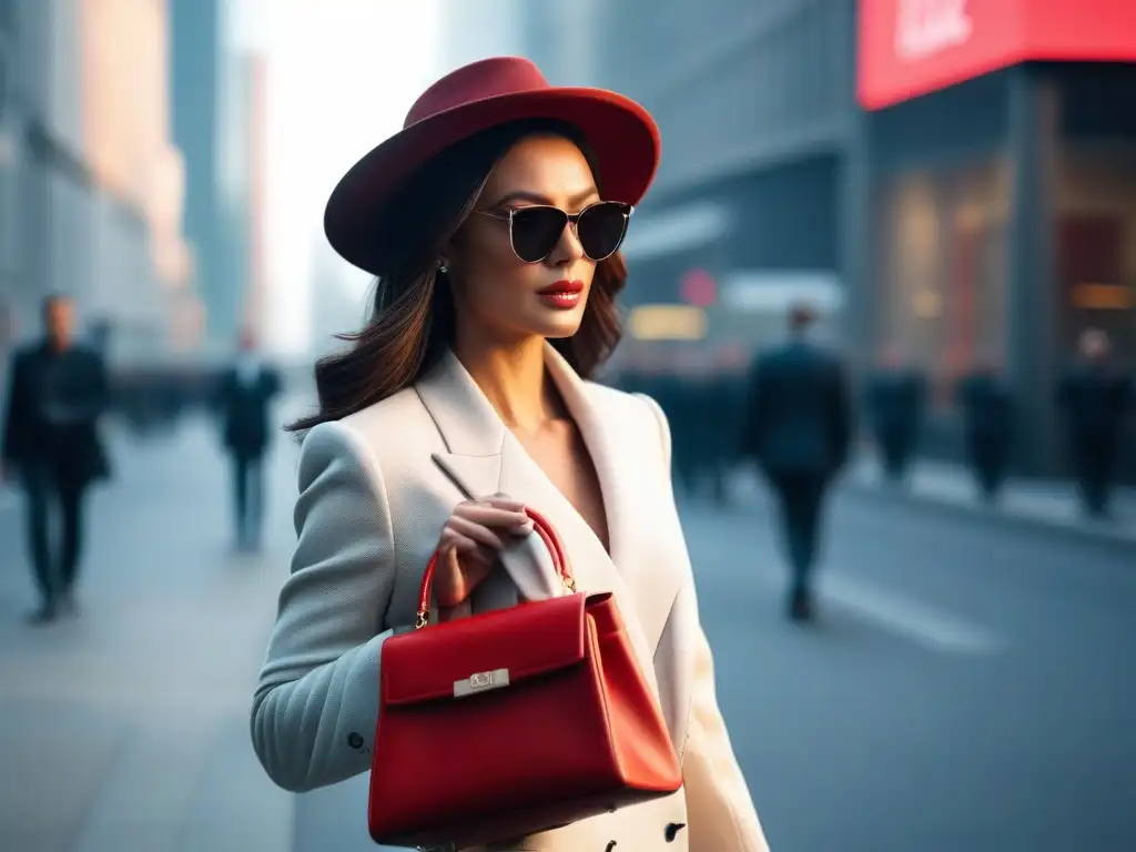 Moda urbana: mujer elegante con sombrero y bolso en la ciudad Una mujer elegante pasea con confianza por la ciudad, luciendo accesorios ideales para estatura alta