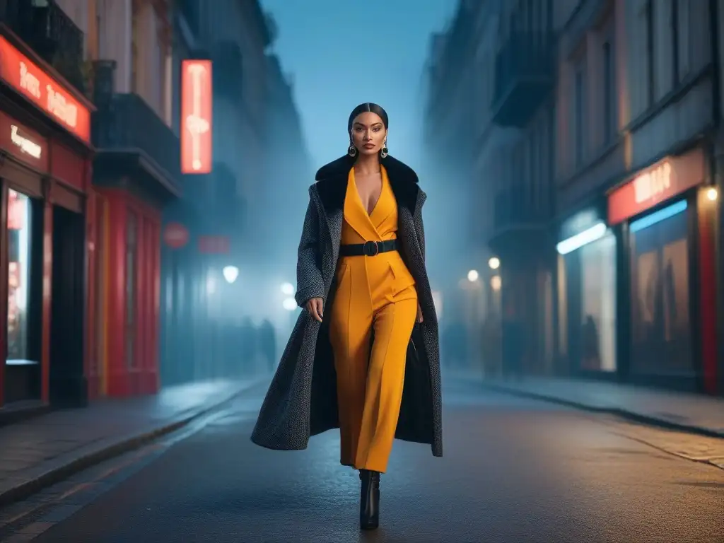 Moda Petite: Empoderamiento y Estilo Urbano Una mujer elegante camina con confianza por una concurrida calle de la ciudad, luciendo un atuendo chic de una marca petite exclusiva