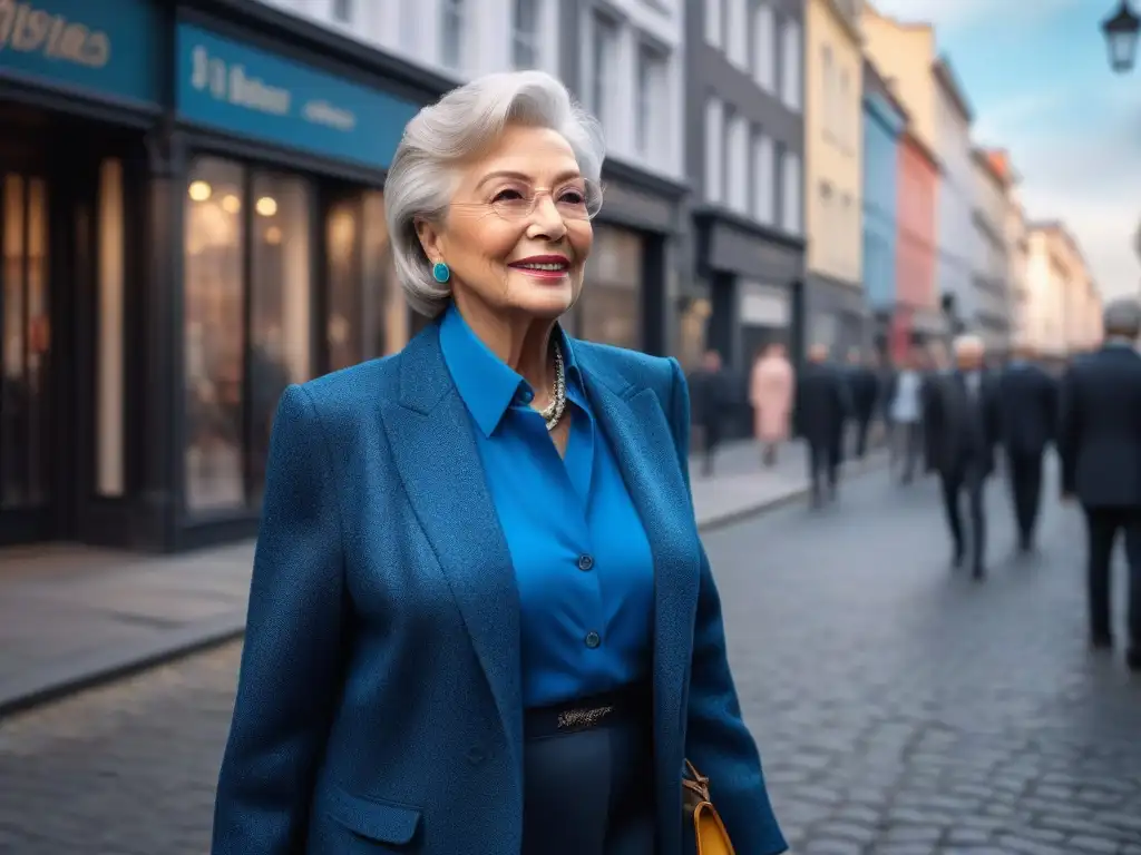 Mujer mayor rompiendo estereotipos: elegancia y empoderamiento Una mujer elegante rompe estereotipos de moda seniors, inspirando con estilo único y empoderamiento en la ciudad