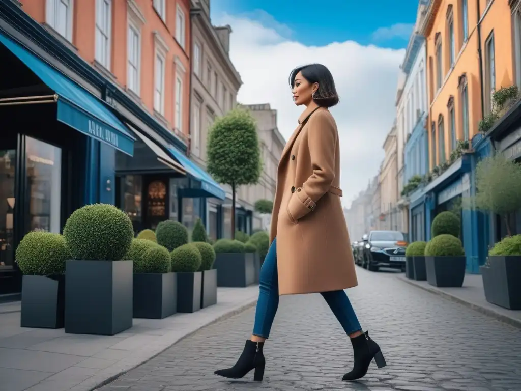 Mujer elegante en la ciudad: estilo y confianza en un entorno urbano Una mujer petite elegante pasea con estilo por una calle de boutiques, reflejando confianza y sofisticación