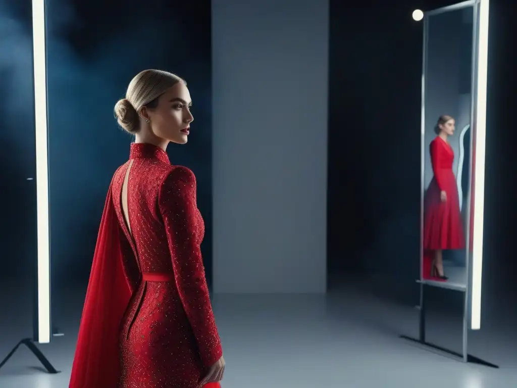 Descubre tu estilo: mujer segura frente al espejo con outfits únicos Una mujer elegante descubre su estilo personal frente al espejo, reflejando confianza y sofisticación