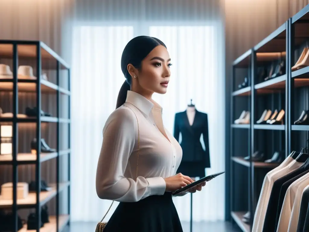 Estilo único: mujer elegante probando outfits en espejo Una mujer elegante construyendo estilo personal auténtico frente al espejo, rodeada de ropa y accesorios organizados, inspiración de moda en laptop