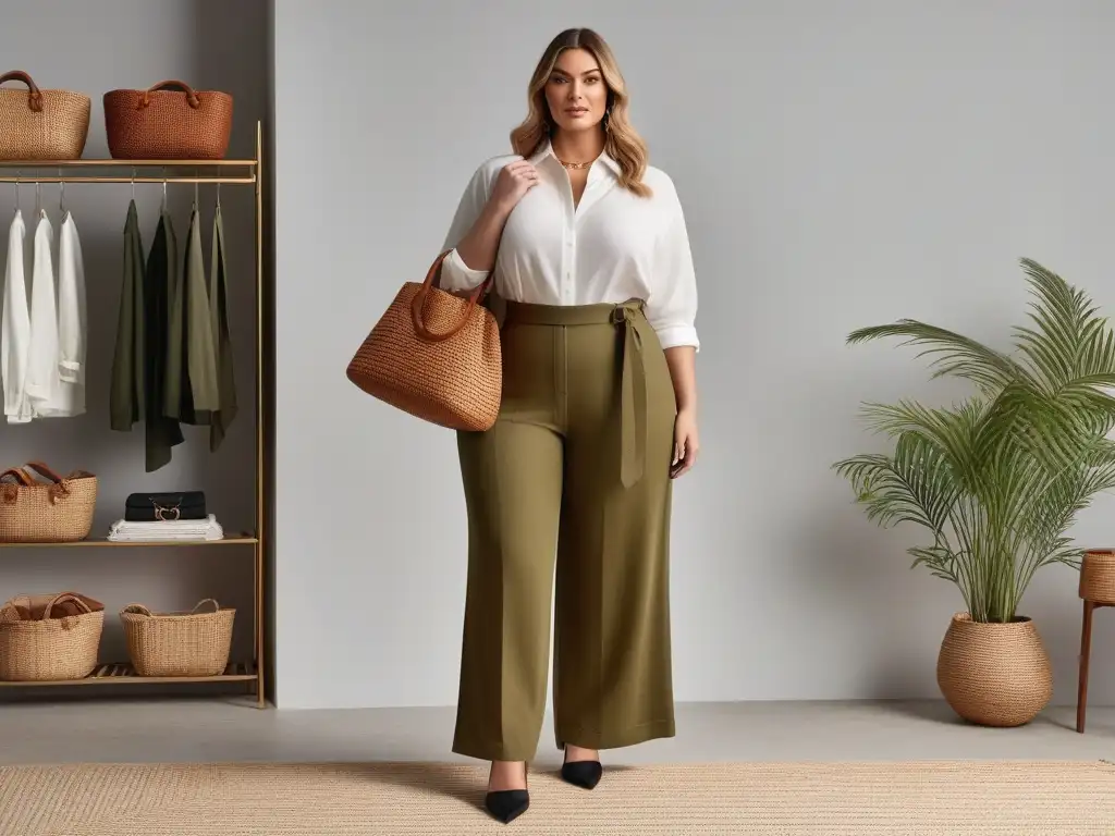 Moda sostenible para mujer plus size en tonos terrosos Una mujer plus size elegante frente a un armario cápsula de moda sostenible en tonos tierra
