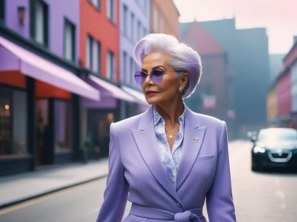 Señora elegante pasea por ciudad moderna en tonos lavanda Una mujer elegante mayor con cabello plateado, vistiendo un conjunto monocromático en tonos suaves de lavanda, caminando con gracia por una bulliciosa calle de la ciudad llena de boutiques contemporáneas que exhiben tendencias de moda moderna