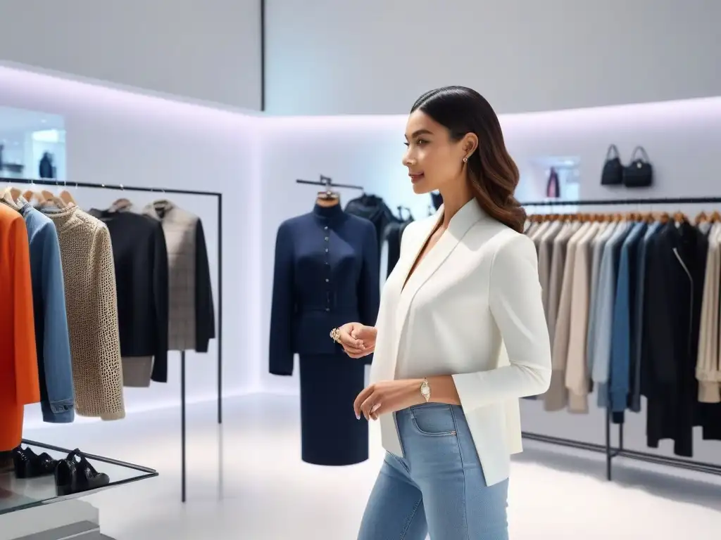 Moda Petite: Mujer elegante explorando tendencias en tienda moderna Una mujer elegante de moda petite seleccionando prendas en una boutique moderna