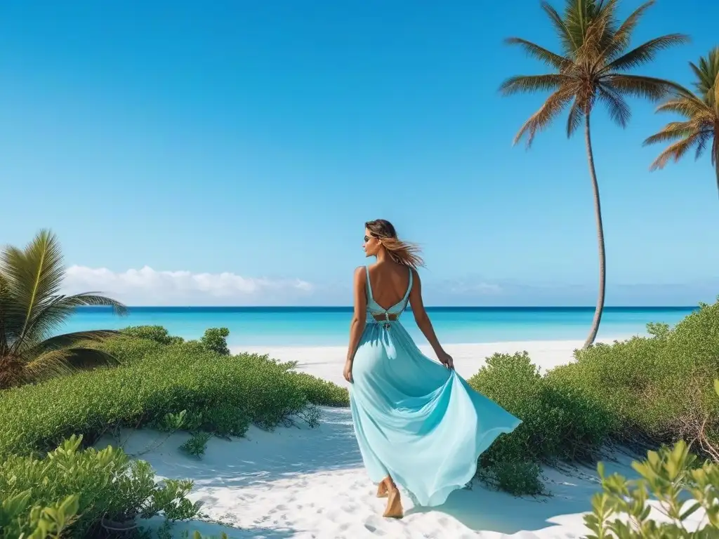 Moda sostenible en paraíso eco: mujer contemplando el horizonte Una mujer elegante en moda sostenible contempla la playa paradisíaca