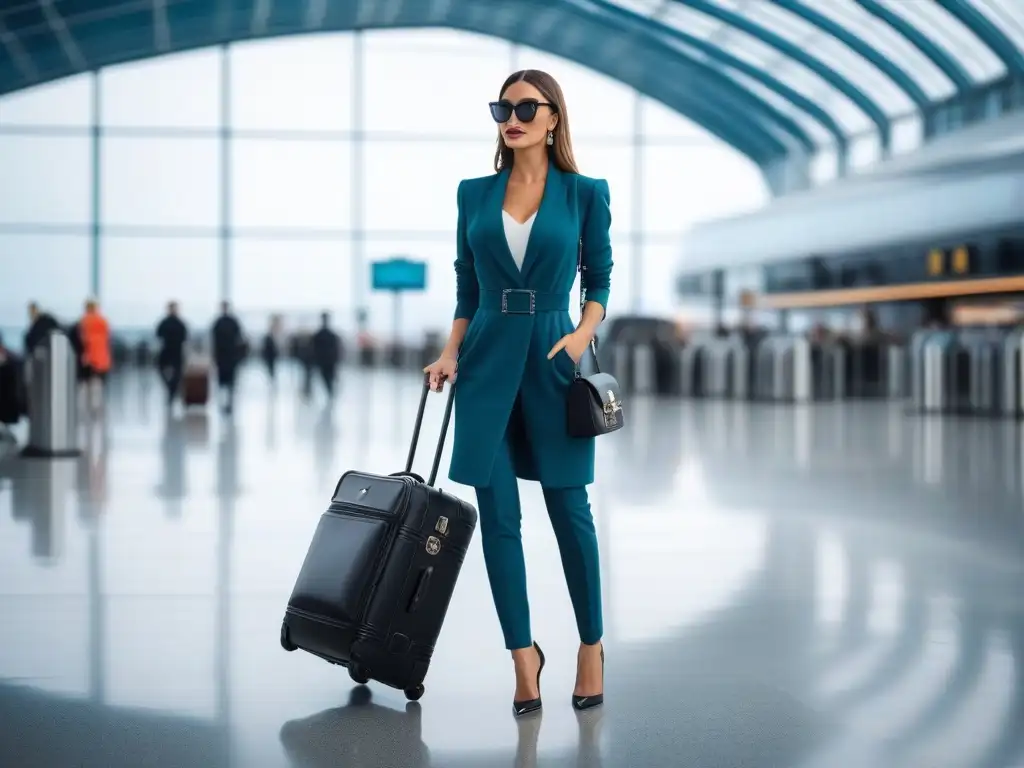 Fashionista elegante en aeropuerto de lujo Una mujer elegante combinando moda y viaje, con maleta de lujo en un aeropuerto sofisticado
