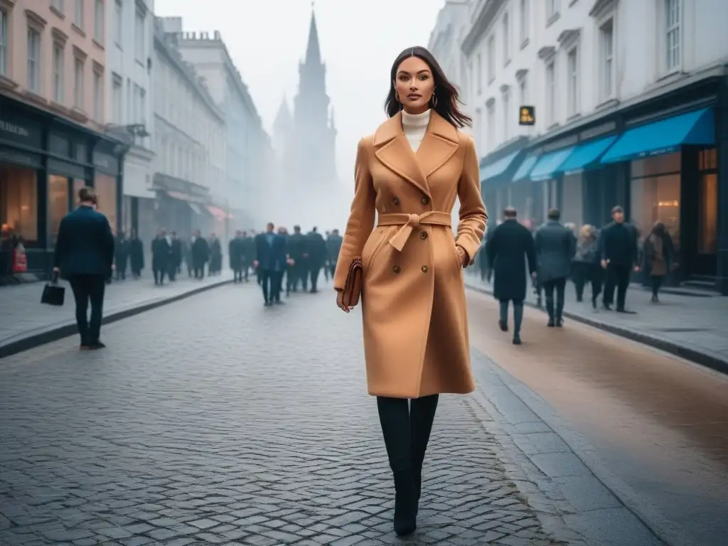 Mujer moderna en abrigo camel, deslumbrando en la ciudad Una mujer elegante y moderna caminando con confianza por una concurrida calle de la ciudad, luciendo un abrigo camel a medida