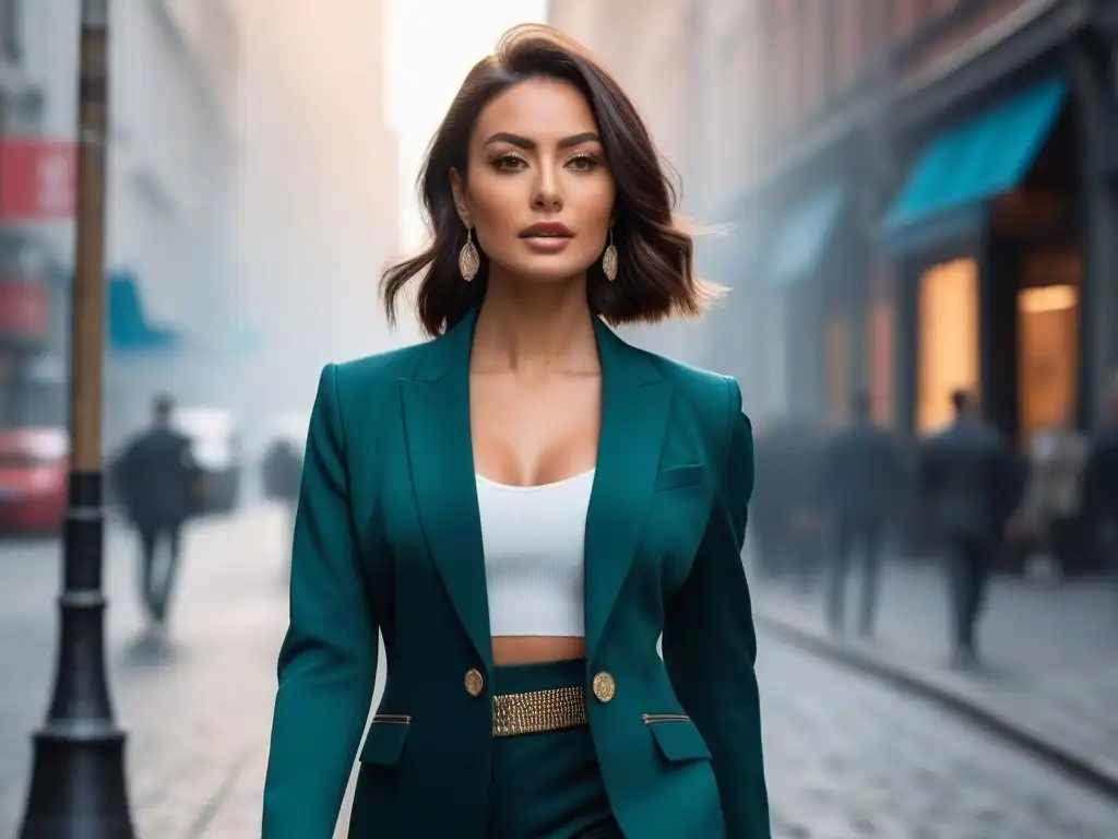 Mujer moderna y elegante en la ciudad: empoderamiento y estilo Una mujer elegante y moderna, con ropa petite para aumentar confianza, camina segura por una concurrida calle urbana