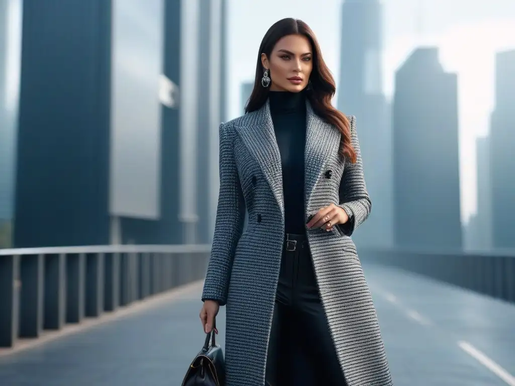 Look chic: mujer alta en outfit elegante y moderno en ciudad Una mujer elegante modelando un outfit de colaboración, con un abrigo largo, pantalones a medida y tacones, en un entorno urbano moderno