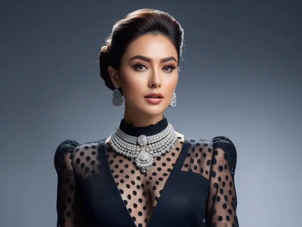 Elegancia y estilo: mujer petite con joyería chic Una mujer elegante en un outfit moderno y joyas chic, proyectando confianza y estilo