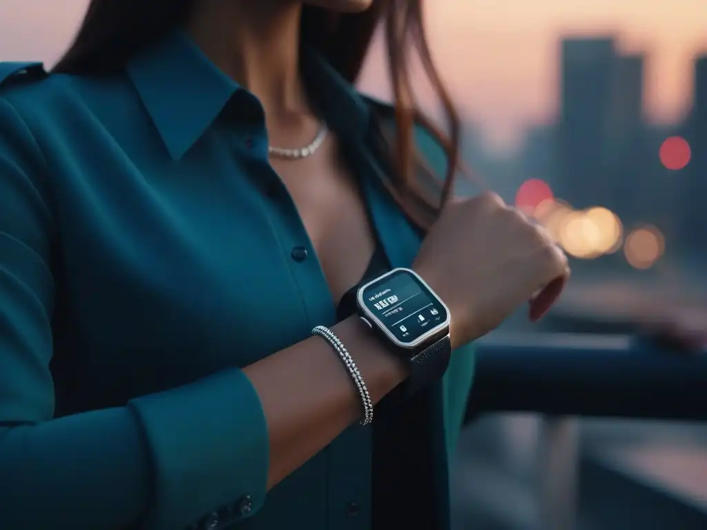 Moda tecnológica: reloj inteligente y estilo urbano Mujer elegante con wearables premium para vestir en una ciudad futurista al anochecer