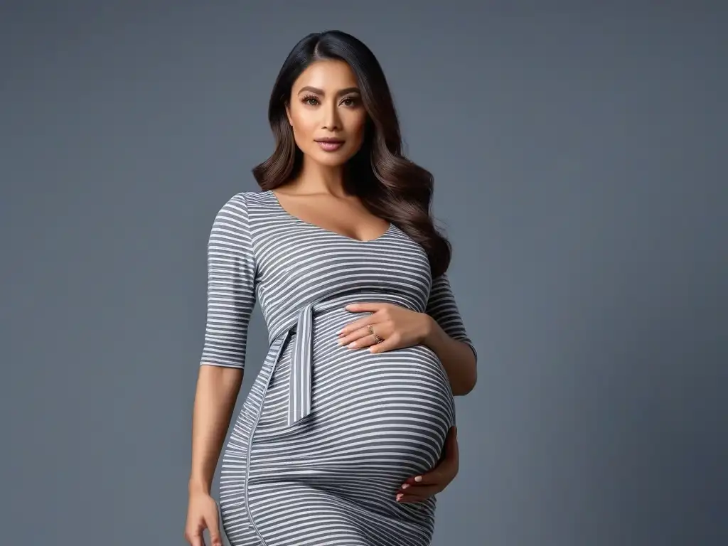 Elegancia en la maternidad: moda para mujeres petite con estilo Una mujer petite luce elegante con ropa maternal en un entorno chic y sofisticado