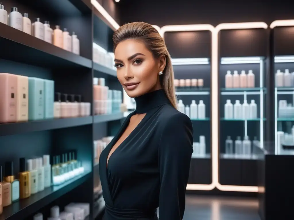Mujer elegante en salón de belleza de lujo Una mujer elegante en un salón de belleza moderno rodeada de productos lujosos