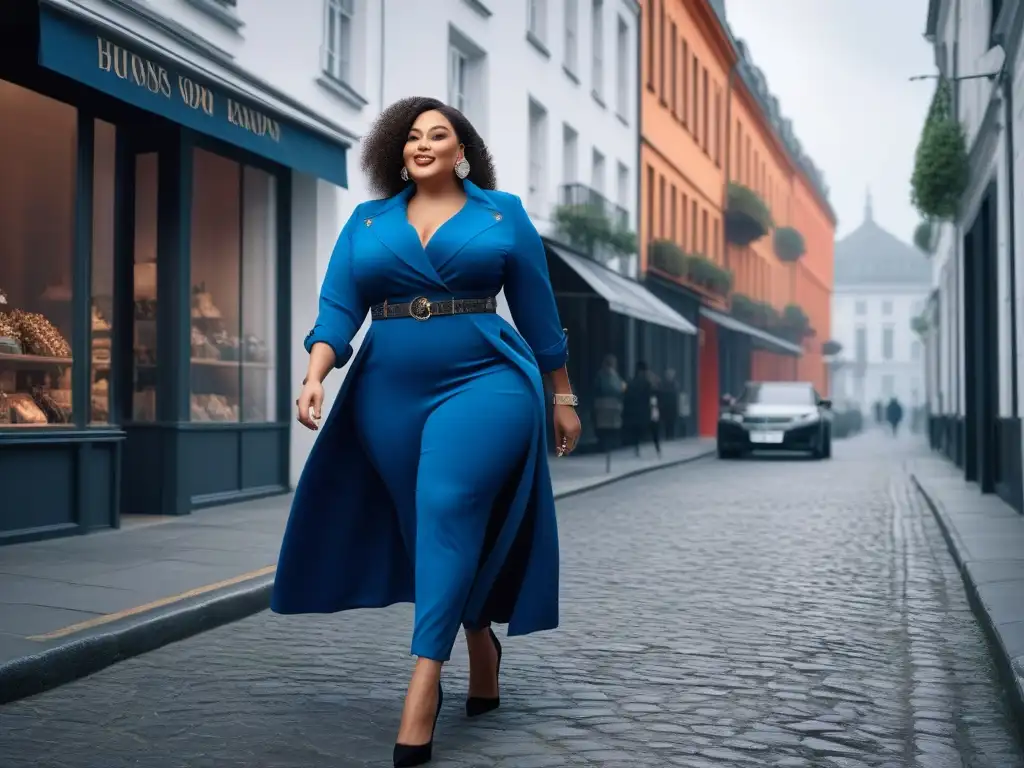 Moda plussize: Elegancia y empoderamiento en la ciudad Una mujer plus size elegante y segura camina por una calle urbana rodeada de boutiques de moda