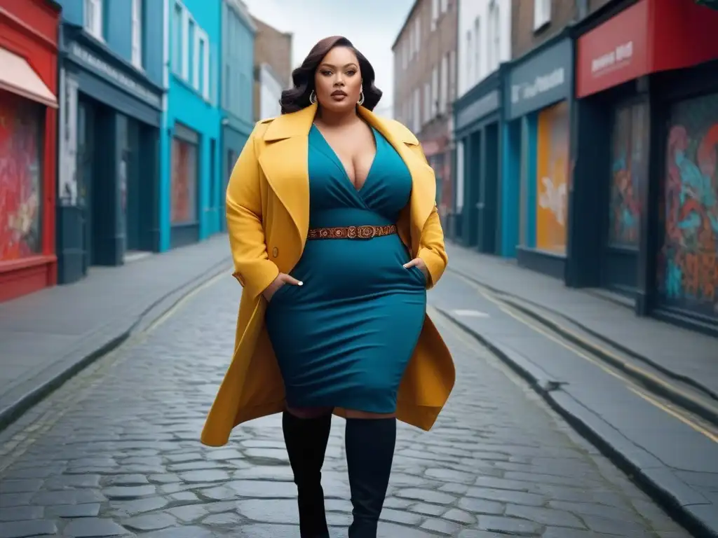Moda plussize urbana: mujer elegante y segura en la ciudad Una mujer plus size elegante y segura camina por una calle de la ciudad, luciendo un atuendo a medida y moderno