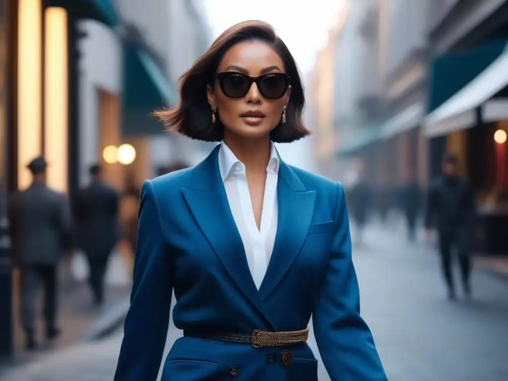 Estilo urbano: mujer elegante en la ciudad Una mujer elegante camina segura por la ciudad luciendo un atuendo que alarga su silueta