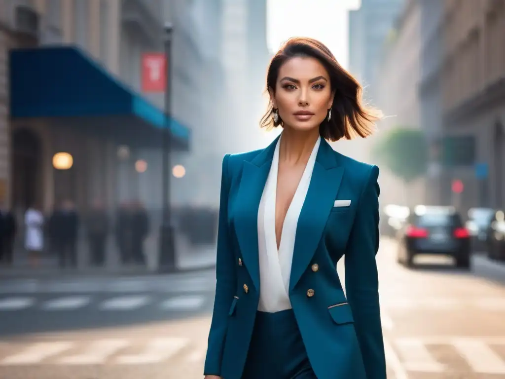 Elegancia urbana: mujer petite deslumbrante en la ciudad Una mujer elegante y segura caminando por la ciudad con estilo en ropa a la moda, destacando su estatura petite