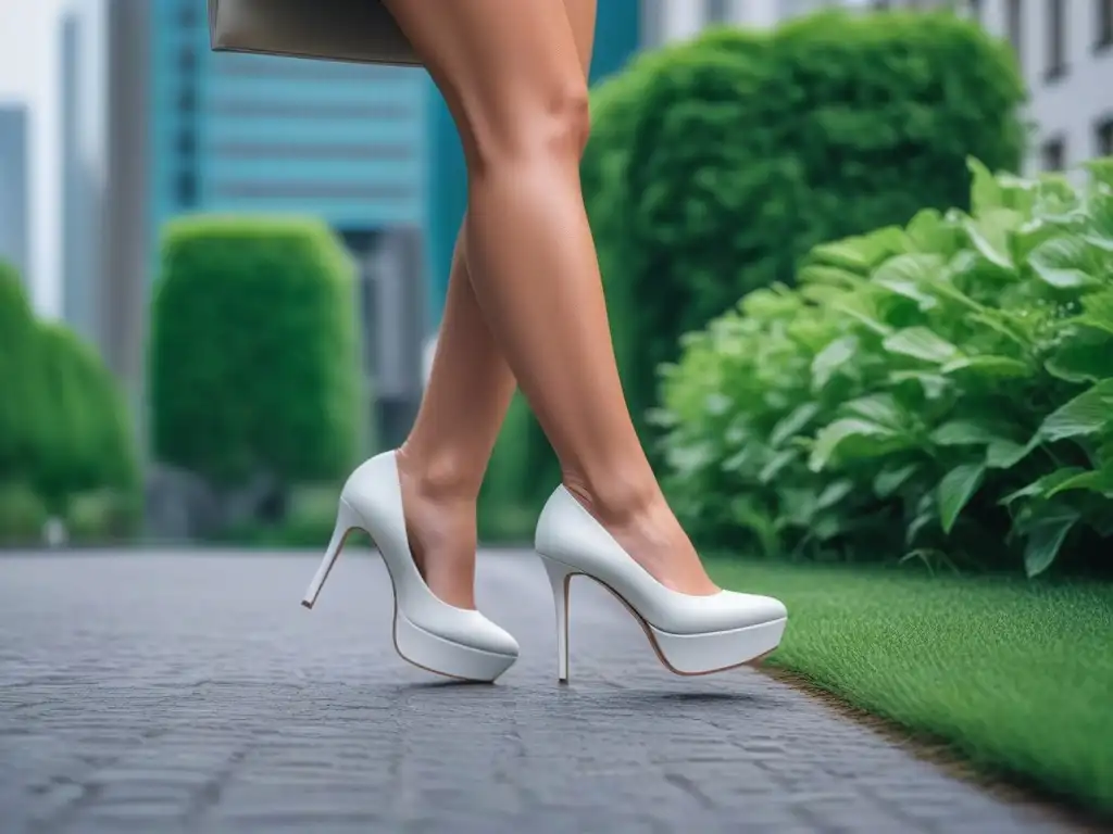 Estilo y confort: mujer elegante caminando por la ciudad Mujer petite elegante y segura caminando por la ciudad en tacones altos, mezcla de modernidad y naturaleza