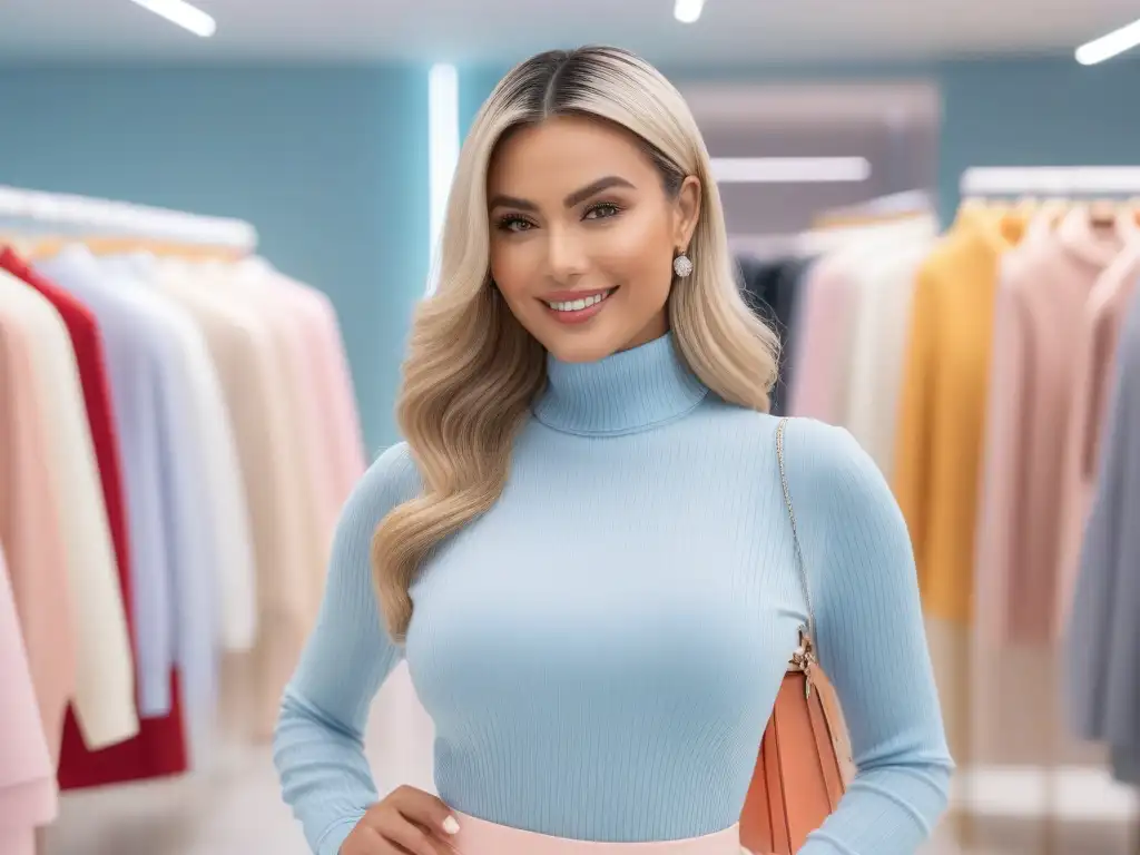 Empoderamiento y estilo en moda petite: mujer elegante en boutique de lujo Una mujer elegante y segura de sí misma, disfrutando de compras inteligentes en moda petite en una boutique chic