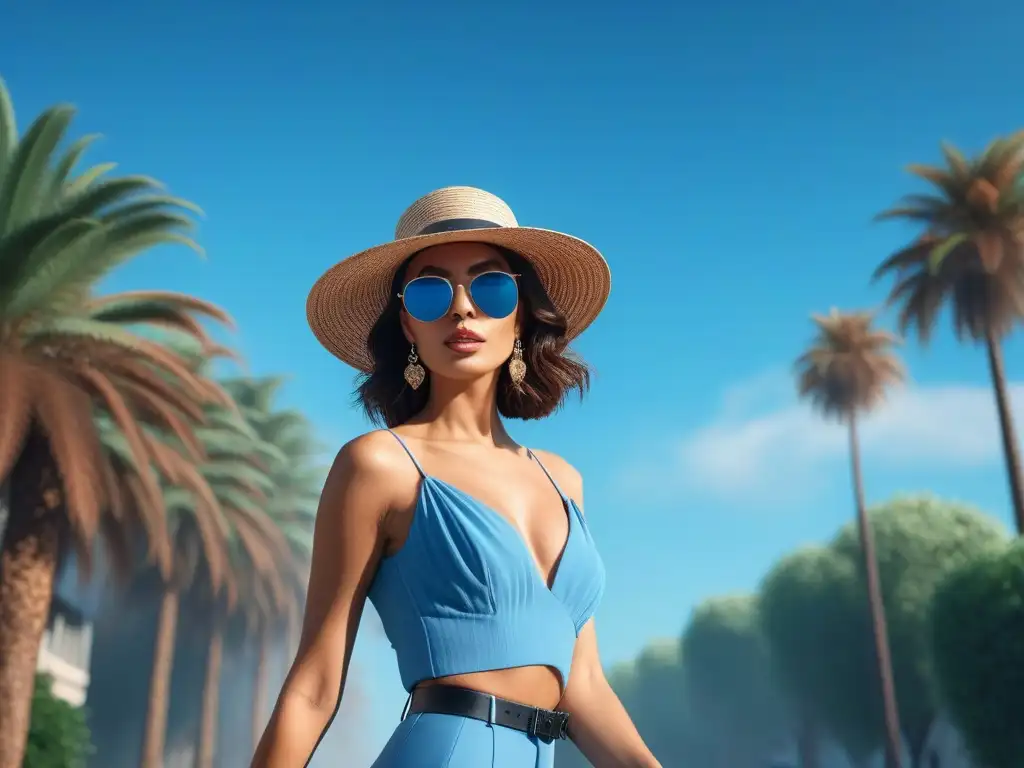 Elegancia veraniega: mujer alta y segura paseando entre palmeras Una mujer elegante y segura, vistiendo moda verano tallas altas, pasea bajo el sol entre palmeras, luciendo glamour y sofisticación