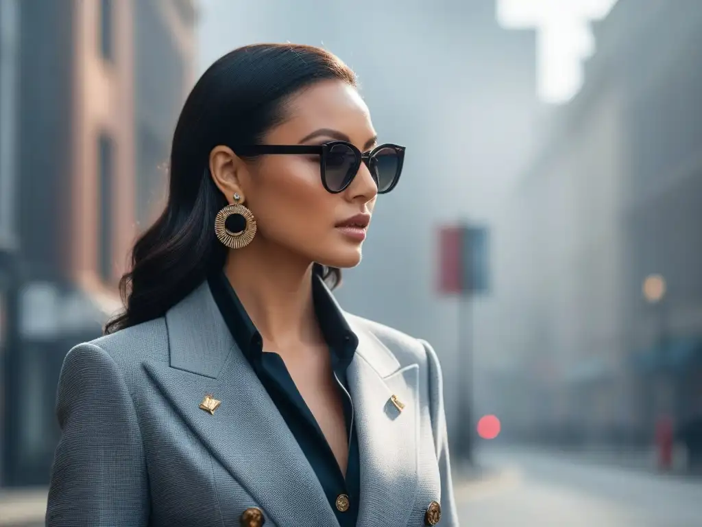 Estilosa mujer con blazer oversize y accesorios modernos Una mujer elegante y segura en blazer oversized y pantalones acampanados, accesorios llamativos