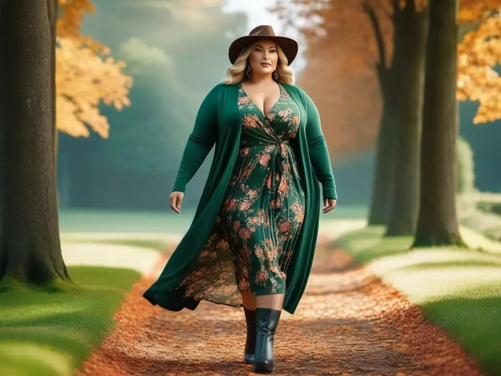 Look otoñal plus size: transición de verano a otoño con estilo Una mujer plus size elegante y segura, mezclando un vestido veraniego con un cardigan otoñal en un parque colorido
