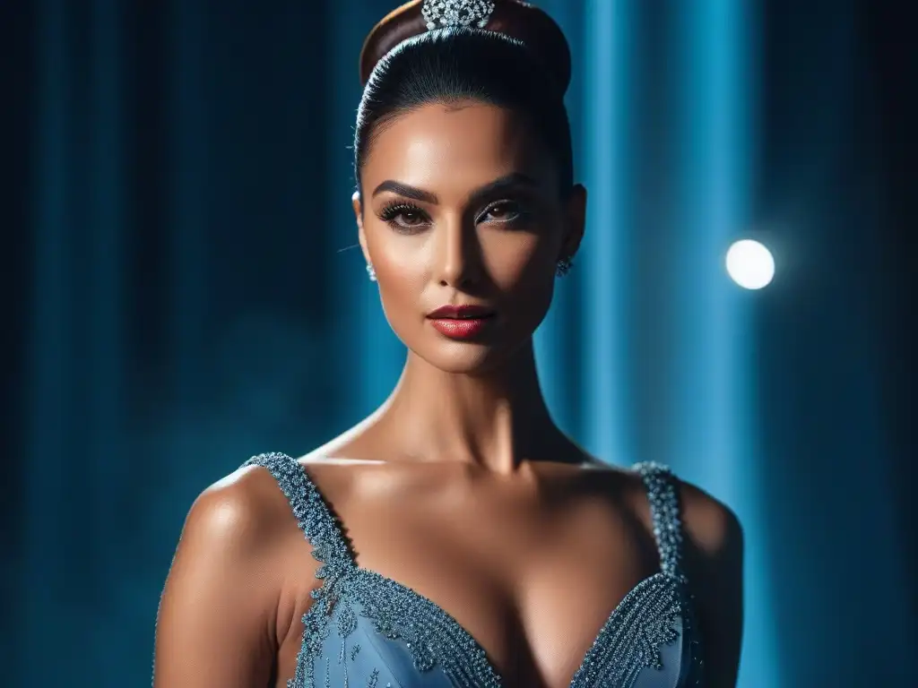 Mujer elegante en vestido de noche, resplandeciente y segura de sí misma Una mujer elegante y segura en un vestido de noche ajustado, destacando sus secretos de belleza en un cuerpo esbelto y radiante