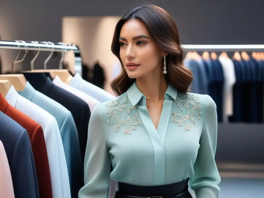 Moda petite en Madrid: mujer elegante encuentra su estilo Una mujer elegante y sofisticada busca ropa petite en una boutique moderna de Madrid