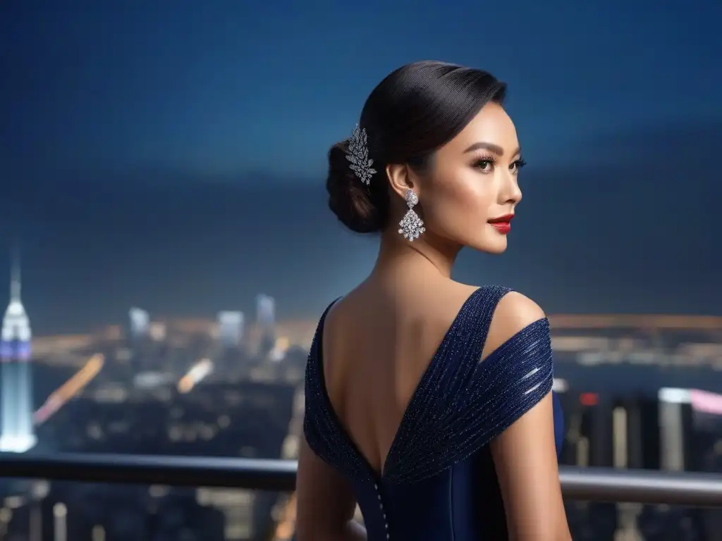 Mujer elegante en vestido azul noche frente a la ciudad nocturna Una mujer elegante y sofisticada en un vestido de noche azul marino, de pie frente a un deslumbrante skyline urbano de noche